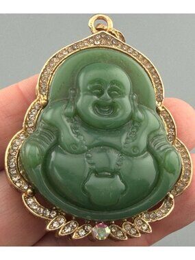 Vintage Buddha Pendant Large Green Plastic Gold Tone Rhinestone Frame 2.5"